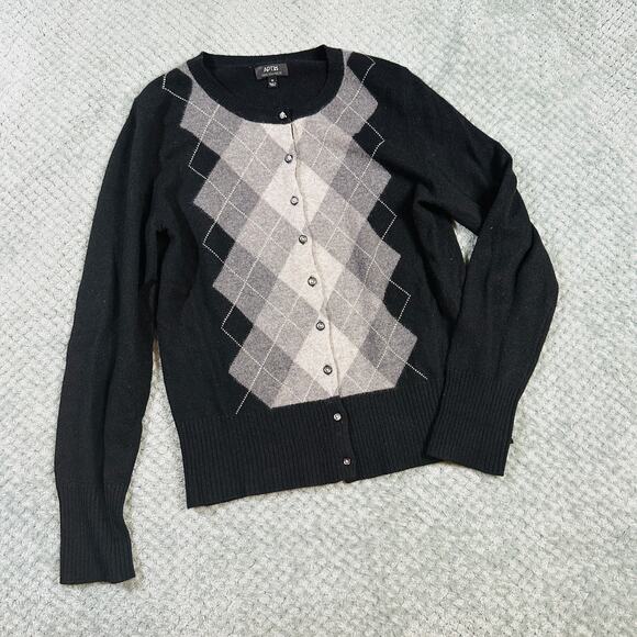 Vintage y2k Apt9 Black/Gray Argyle Classic Button Up Cardigan Sweater M - Picture 1 of 5
